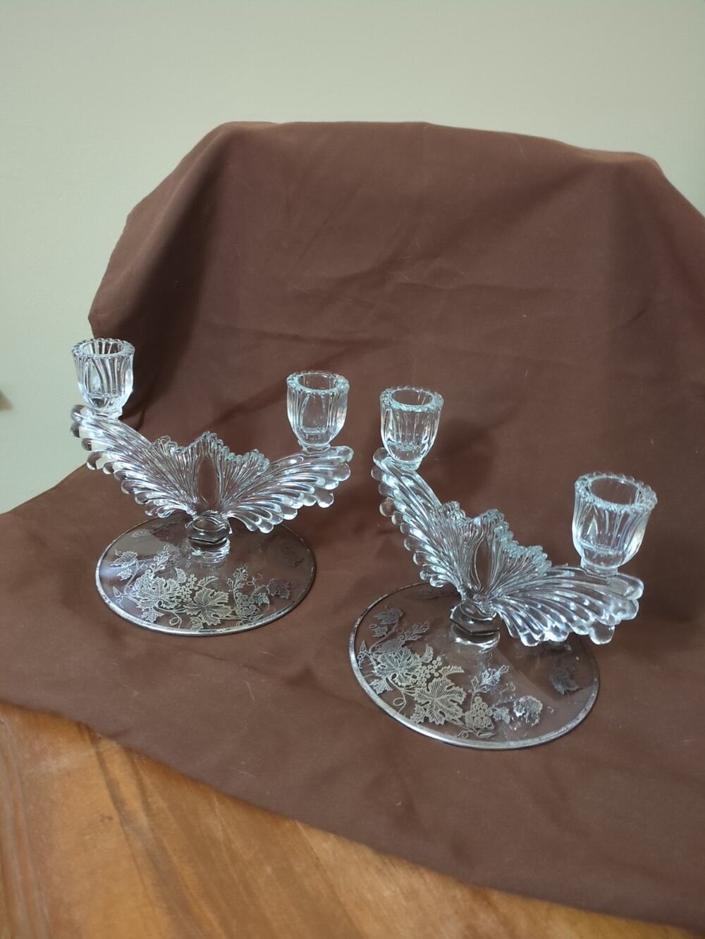 Tiffin Glass Duo Candlesticks Crystal Eagle With Silver Leaf Pattern 15362